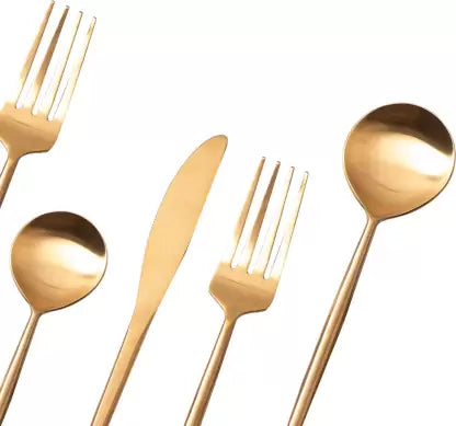 SET OF 5 CUTLERY SET FOR DINING TABLE KITCHEN , SPOON FORK SET(Gold) Stainless Steel Cutlery Set (Pack of 5)