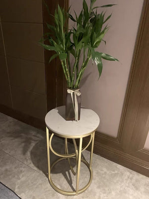 Nestique White Round End Table With Marble Top