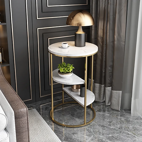 Nestique Gold End Table With 3 Tier Marble Shelf