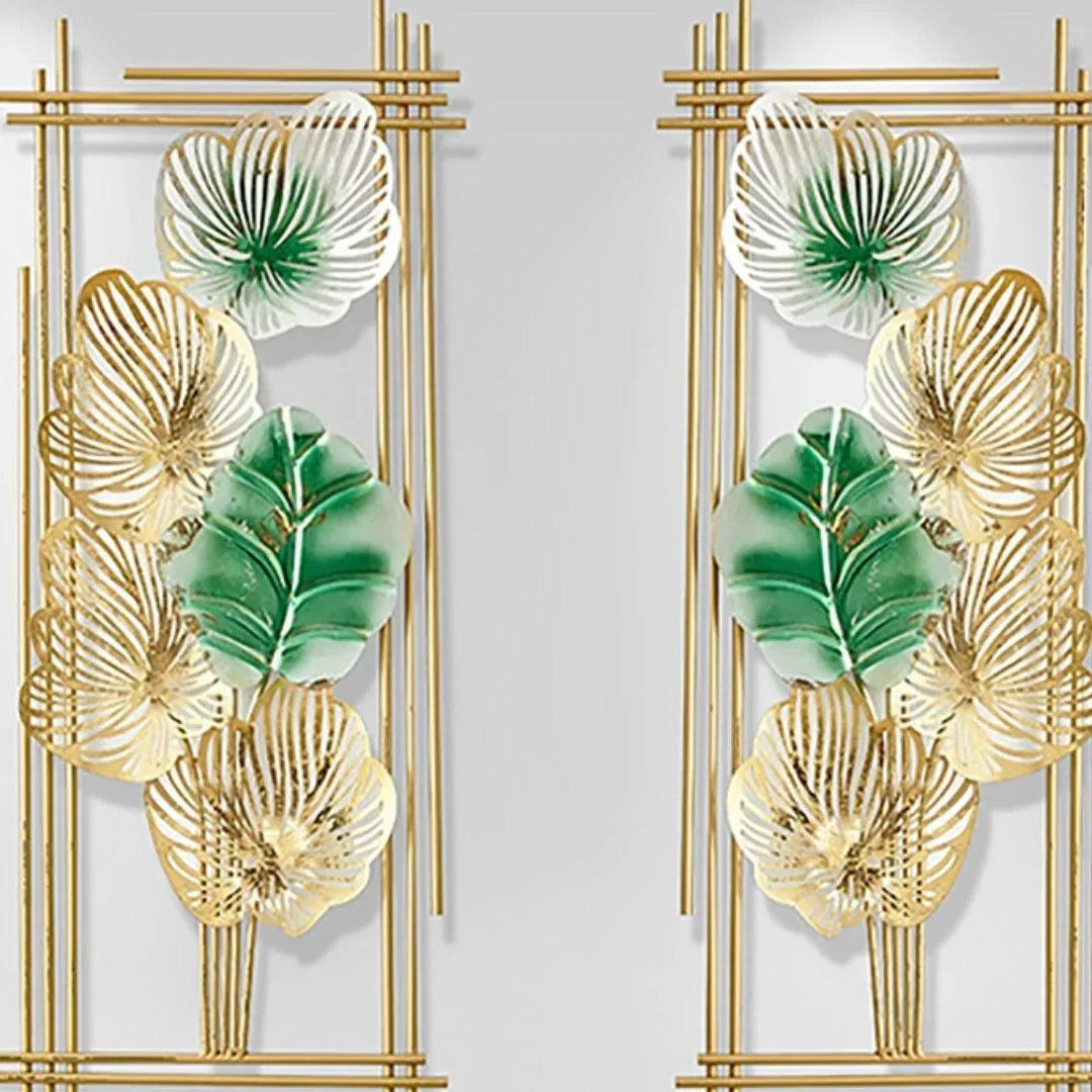 Nestique The Metallic Framed Gold and green plant wall art (15 x 30 Inches each)