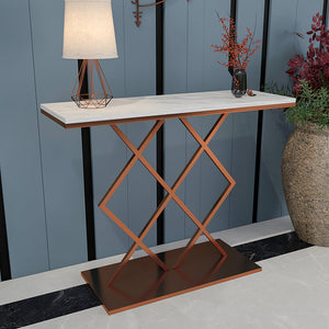 Copper Finish Console Table In Geometric Criss Cross Pattern