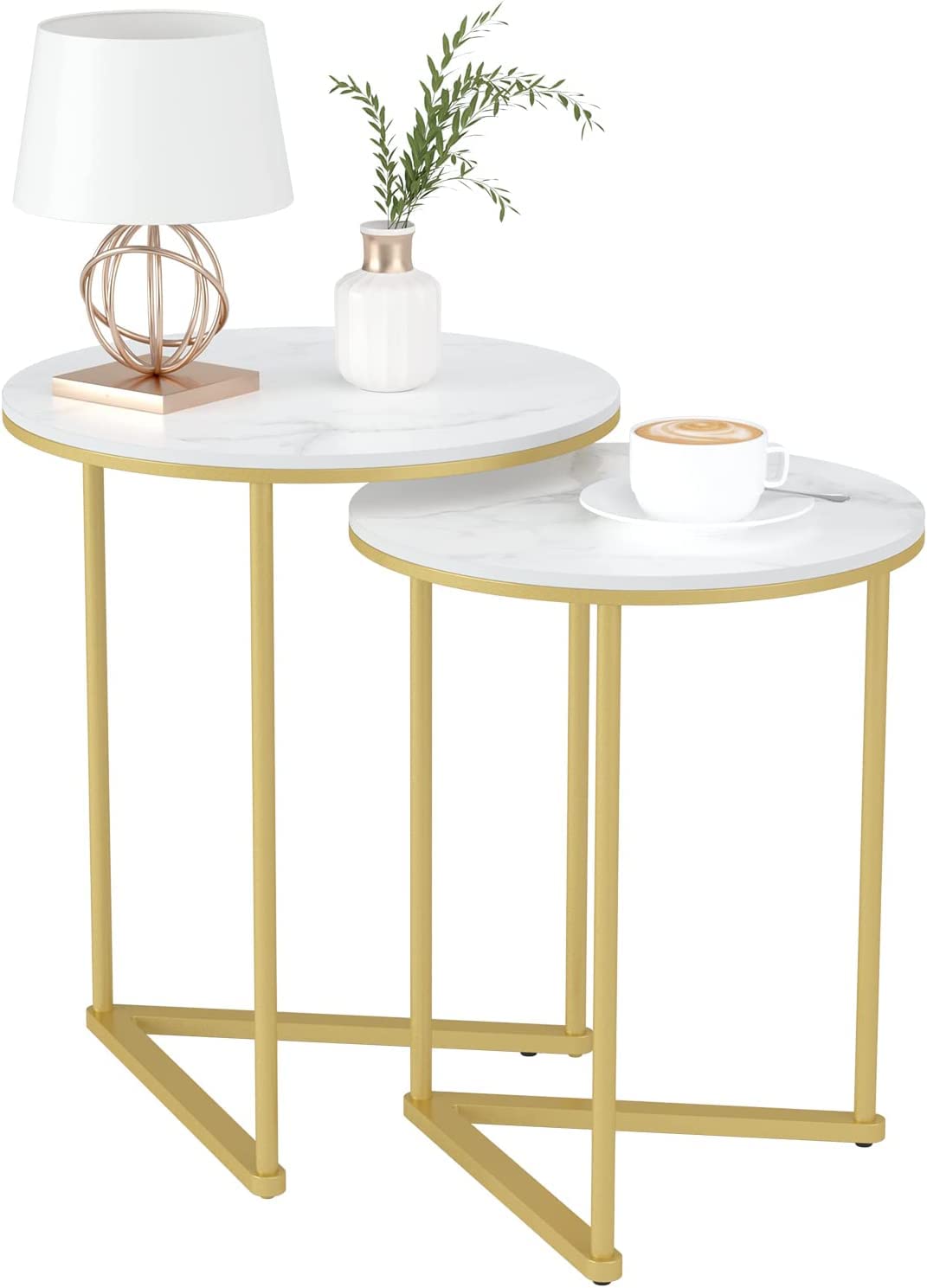 Round Shape Iron Stand Side Marble Table Set of 2