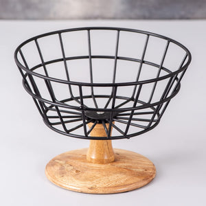 Fruit Basket Kitchen Stand vegetable basket rack stand for kitchen | Round Net baskets for storage Metal basket fruit stand storage baskets with wooden base stand (BLACK)