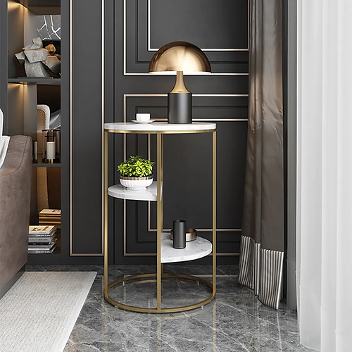 Nestique Gold End Table With 3 Tier Marble Shelf