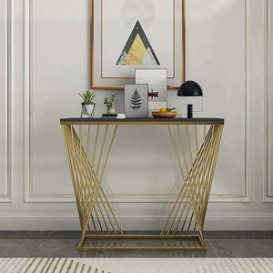 Trapezoid Design Console Table with Golden Metal Finish