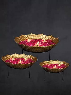 Nestique Gold Metal Hammered Urli With Stand (Set Of 3) Decorative Showpiece